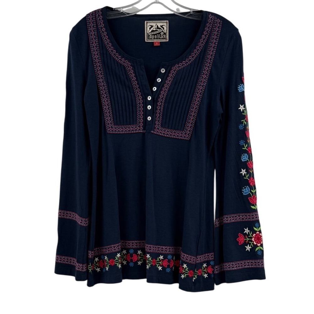 Alp n Rock Top Womens 2 Navy Blue Long Sleeve Floral Embroidered Blouse Boho